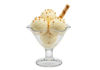 Three melting vanilla ice cream scoops with crunchy peanuts and a crisp wafer stick in a crystal sundae dish, isolated on a white background, delicious commercial food concept