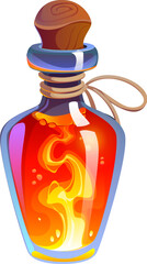 Cartoon magic potion bottle or vector glass potion bottle filled with glowing orange liquid, wooden cork and fire flames inside. Fantasy alchemy icon for Halloween witchcraft poison and magic potion
