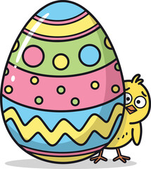 Colorful Easter egg, yellow chick, spring celebration, cartoon style, festive illustration, bright patterns, holiday symbol, cute character, whimsical design
