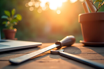 Workspace with Tools, Laptop and Potted Plant in Golden Hour Lig