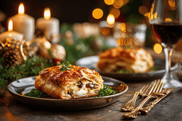 Golden mushroom puff pastry for elegant French Christmas celebration
