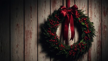 Elegant holiday wreath spins slowly against rustic wooden wall with dramatic lighting - Powered by Adobe