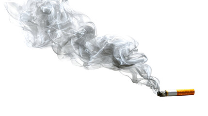 Smoking hazards: single burning cigarette with thick swirling smoke against black background