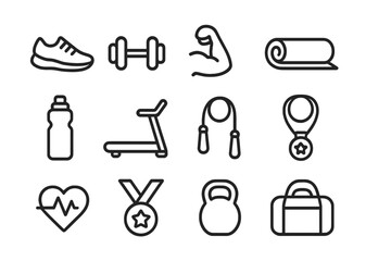 Fitness Icons Collection. Exercise inspiration. Line icon set of exercise inspiration: running shoe, dumbbell, flexed bicep, yoga mat, water bottle, treadmill,