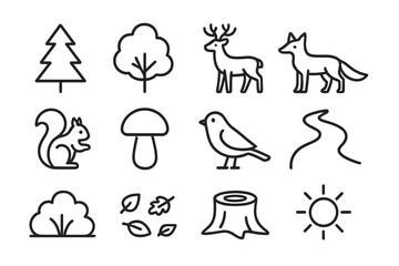 Forest Icon Set. Forest. Line icon set of forest: pine tree, oak tree, deer, fox, squirrel, mushroom, bird, river, bush, fallen leaves, tree stump, sun. All