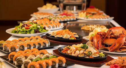 Fototapeta premium An abundant buffet spread showcases a variety of delectable dishes, including sushi rolls, salads, seafood, and grilled items, all beautifully arranged for a delightful culinary experience