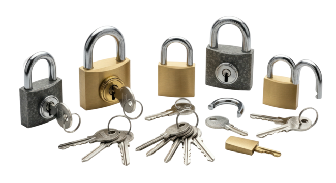 Assortment of padlocks and keys set against a solid black background