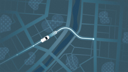 Car Following GPS Route on Digital City Map with Glowing Navigation Path. Vector illustration.