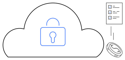 Lock symbol inside cloud highlights security, checklist suggests compliance, and coin signifies value in cybersecurity. Ideal for cloud technology, data encryption, compliance, digital safety