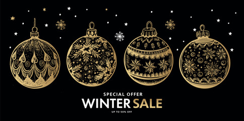 Winter sale, Christmas ball and star set on blue, Hand drawn illustration.	
