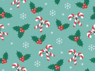 Vector seamless pattern with candy canes tied with a bow, holly leaves and berries, and snowflakes.