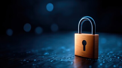 Close-up of a small golden padlock with a keyhole on a digital surface illuminated by blue light, symbolizing cybersecurity and data protection
