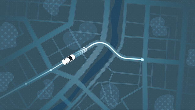 Car Following GPS Route on Digital City Map with Glowing Navigation Path. Vector illustration.
