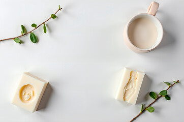Natural Skincare Ingredients: Soap, Milk, and Greenery Flat Lay