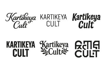 Kartikeya Lettering Variations. Karitkeya Cult. Set lettering. harmonious lettering variations of the same emblematic concept, each with different artistic