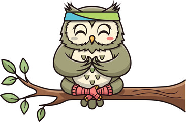 Cute cartoon owl meditating on tree branch, peaceful yoga pose, mindfulness illustration, relaxing nature animal clipart, woodland zen concept