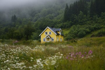 Fototapeta premium Yellow house sits alone in a lush green field surrounded by wildflowers and misty mountains on a tranquil morning in nature