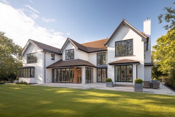 Obraz premium A contemporary white house featuring expansive windows and a beautifully manicured lawn, set in a peaceful suburban neighborhood on a sunny afternoon