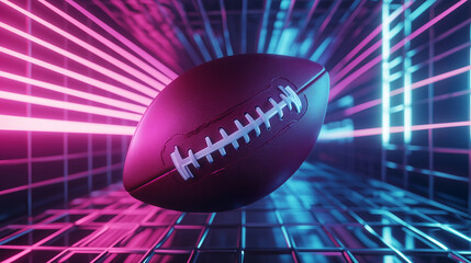 Glowing American football suspended mid-air with neon lights and stadium background, dynamic and futuristic sports concept.