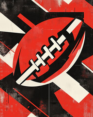Bold graphic illustration of an American football with constructivist style in red, black and white textures, retro design concept.
