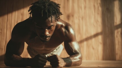 Man Performing Plank Exercise at Home Gym in Warm Morning Light