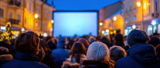 Crowd of people watching outdoor film screening at night in a lively city square with illuminated historic buildings and large projection screen