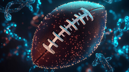 Futuristic close-up of an American football surrounded by glowing DNA strands in a digital, scientific concept setting.