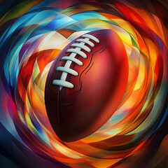 Colorful digital artwork of an American football surrounded by swirling abstract shapes in Orphism art style, energetic composition.