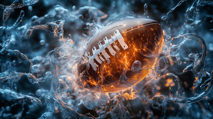 Futuristic American football infused with glowing lava textures, submerged in dynamic water splash, surreal sports illustration.