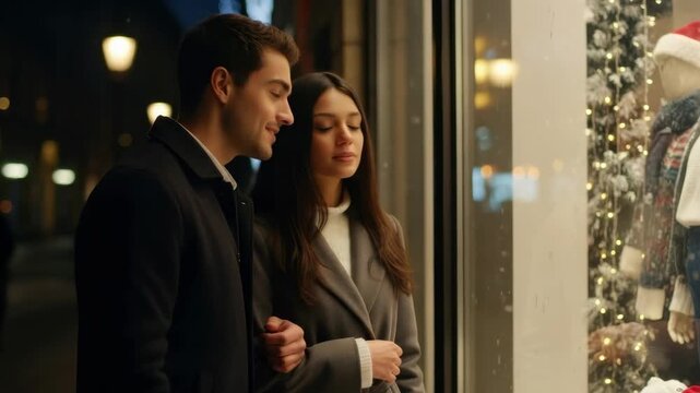 Romantic evening stroll: couple enjoys holiday window displays on a winter night - Powered by Adobe