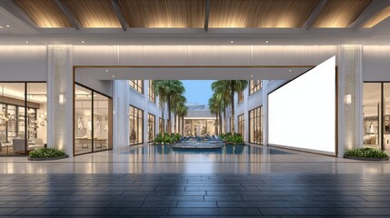 Modern luxury hotel entrance with palm trees elegant architecture spacious outdoor walkway daylight bright building facade