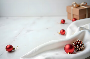 Festive Holiday Still Life with Christmas Ornaments and Gift Box