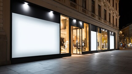 Modern storefront illuminated at night with large blank display showcasing a clothing boutique exterior design