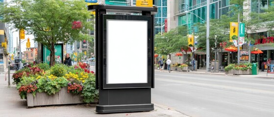 Modern outdoor advertising display in a busy city street with colorful flowers and commercial buildings du daytime