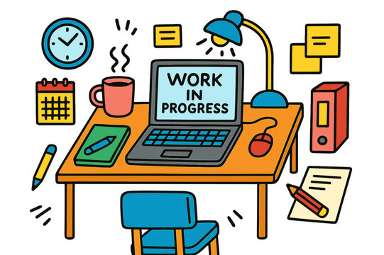 Creative Workspace Doodles. work in progress. Colorful Hand-drawn doodle Children illustration work in progress laptop, desk, chair, coffee cup, notebook, pen,