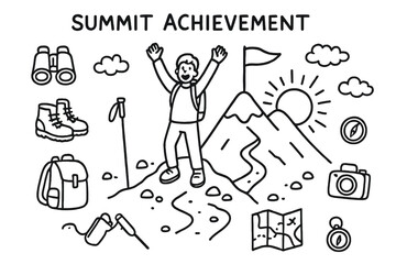 Summit Celebration Doodle. Summit Achievement. Hand-drawn doodle illustration Summit Achievement person celebrating, arms up, mountain peak, flag, sunrise,