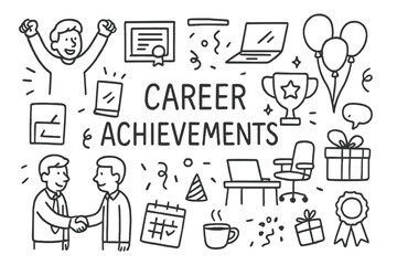 Fototapeta premium Career Success Celebration. Career Achievements. Hand-drawn doodle illustration Career Achievements person celebrating promotion, certificate, laptop, trophy,
