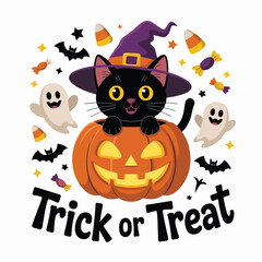 Happy halloween cute black cat in a pumpkin with ghosts and bats festive design