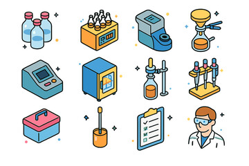 Wastewater Lab Icons. Wastewater laboratory testing. Colorful isometric vector icons set of Wastewater laboratory testing: BOD bottles, COD reactor, turbidity
