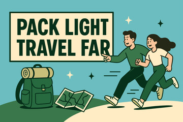 Travel Light Banner. Pack light travel far banner, flat vector illustration, bold oversized text inside rectangular frame, cartoon characters running and