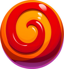 Cartoon Halloween spiral caramel candy with red and orange swirl. Vector sweet glossy spiral caramel candy. Cute snack for Halloween treats and kids party