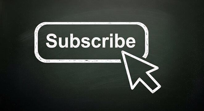 A digital cursor hovers over a subscribe button on a chalkboard background, inviting viewers to join a newsletter or channel, isolated on white background