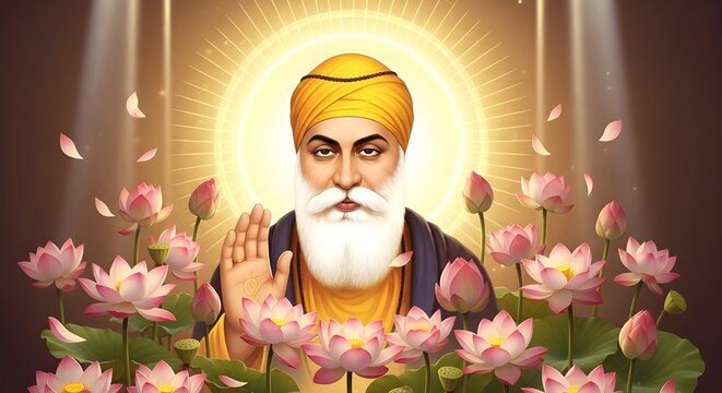 A beautiful digital illustration of Guru Nanak Dev Ji, the founder of Sikhism, surrounded by blooming lotus flowers and radiant divine light. The artwork symbolizes purity, peace, and enlightenment, o