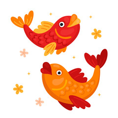 Fototapeta premium Two colorful Chinese koi carp, red and orange holiday carp. Goldfish, fish are symbols of success and prosperity.