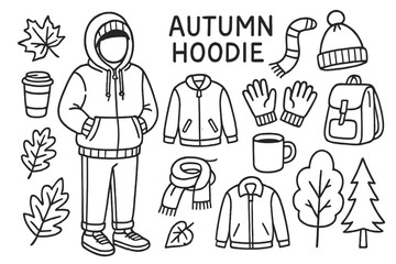Cozy Autumn Attire. Autumn Hoodie. Hand-drawn doodle illustration Autumn Hoodie hoodie, person wearing hoodie, hood, zipper, pocket, scarf, gloves, sneakers,