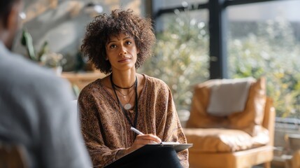 Therapist Listening Attentively in Modern Office with Natural Daylight
