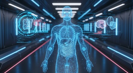Futuristic digital scan of a human body in a dark corridor with glowing neon lights, displaying medical data and anatomical information, visualizing advanced healthcare technology and diagnostics