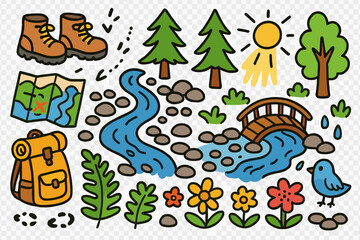 Fototapeta premium Forest River Adventure. Forest river trail. Colorful Hand-drawn doodle Children illustration Forest river trail hiking boots, forest trees, flowing river,