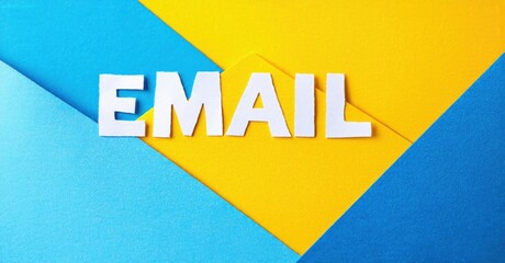 Bright image displays word EMAIL using white block letters. Background features yellow, blue geometric shapes. Simple, modern design.