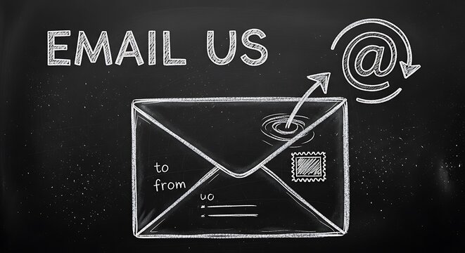 Email us concept on a blackboard with an envelope and symbol, suggesting communication and contact, isolated on white background